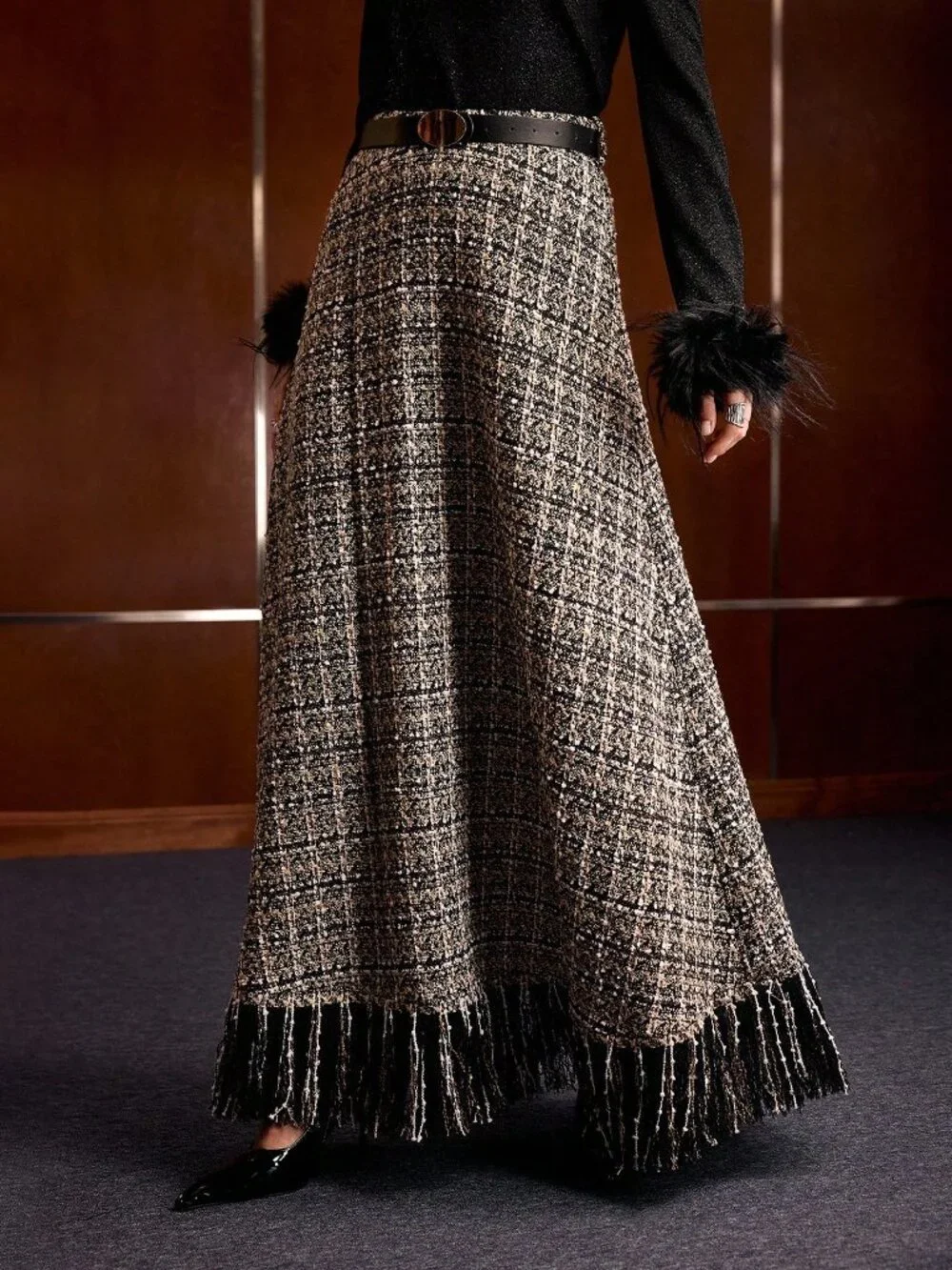 Multicolor Elegant Women's High Waist Belted Zipper Fringe Hem Flared Skirt